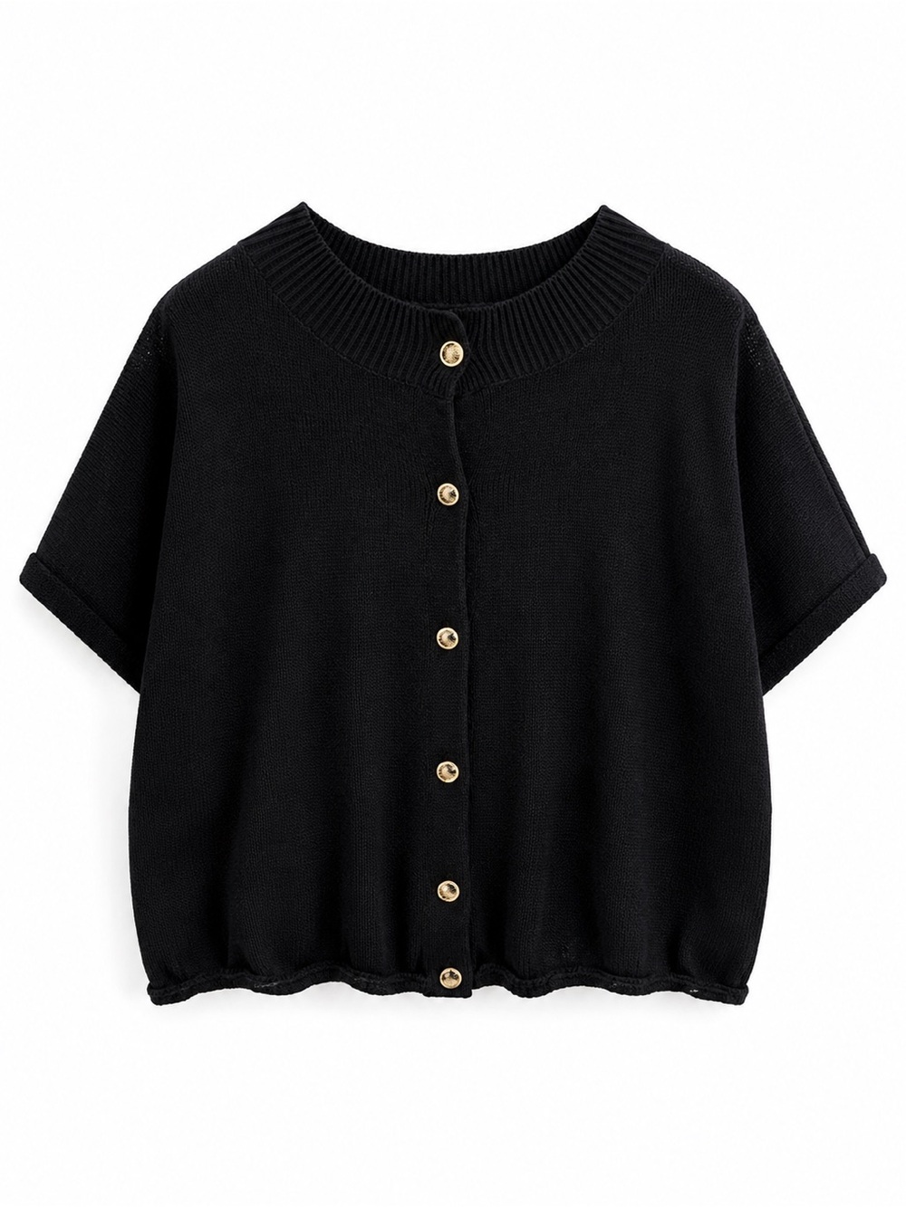 Black Short-Sleeve Button-Front Knit Top with Gold Buttons